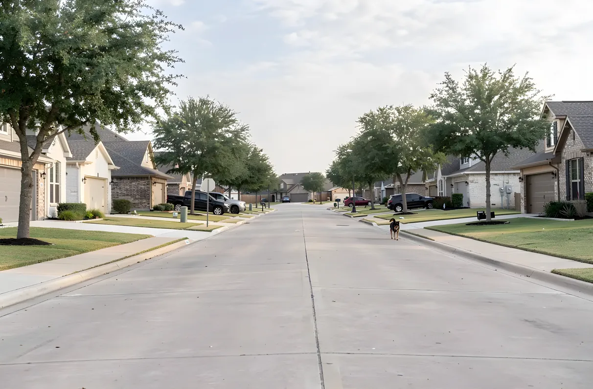 Tree-lined residential street in Celina, Texas on a clear afternoon