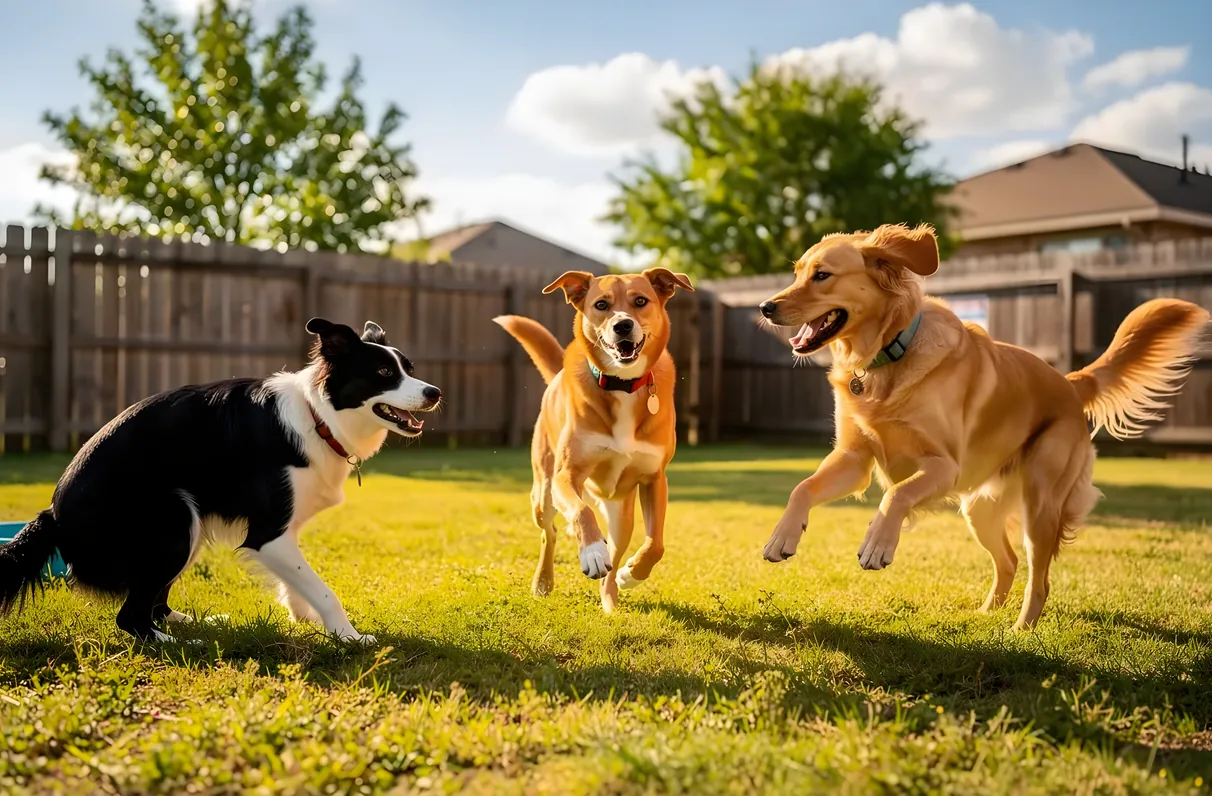 Dogs playing together in a supervised outdoor setting with a pet care provider nearby