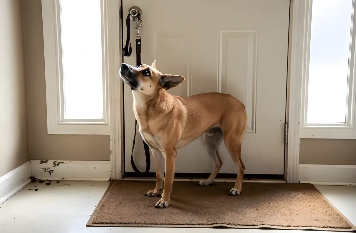 Energetic dog tugging at a leash on a Celina neighborhood sidewalk