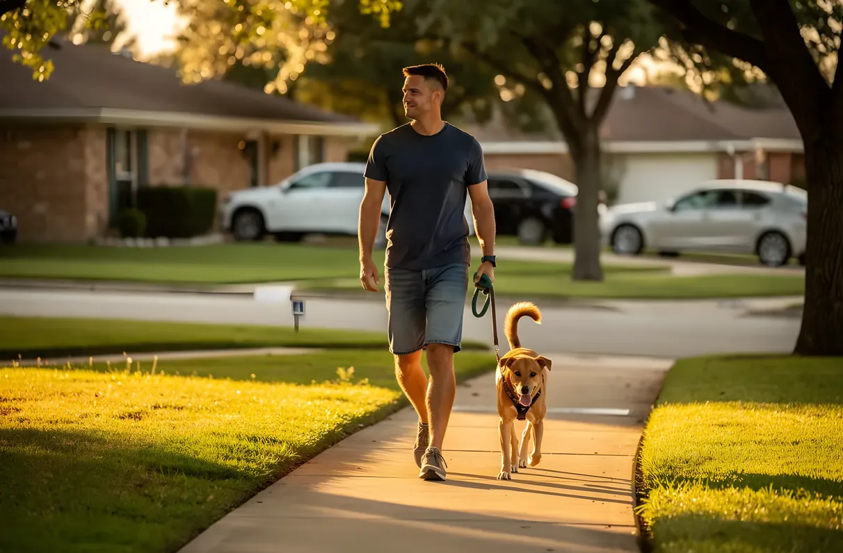 Dog walker walking a leashed dog past homes in a Celina, TX neighborhood