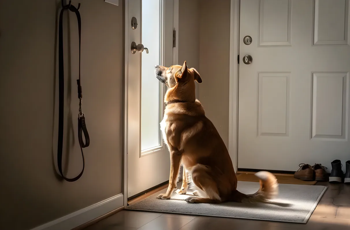 A dog waiting eagerly at the front door in Celina, TX, the moment a reliable dog walker matters most