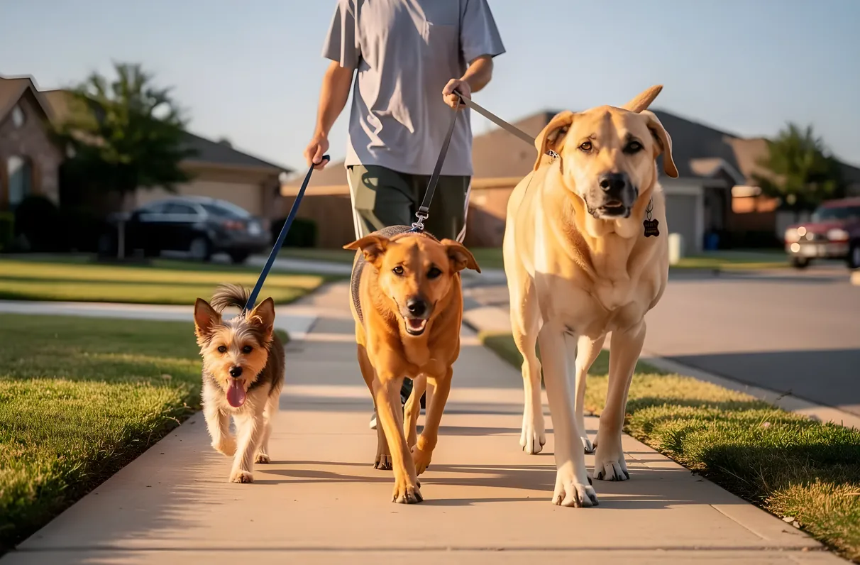 Dog walker leading a small group of dogs through a Celina, TX park