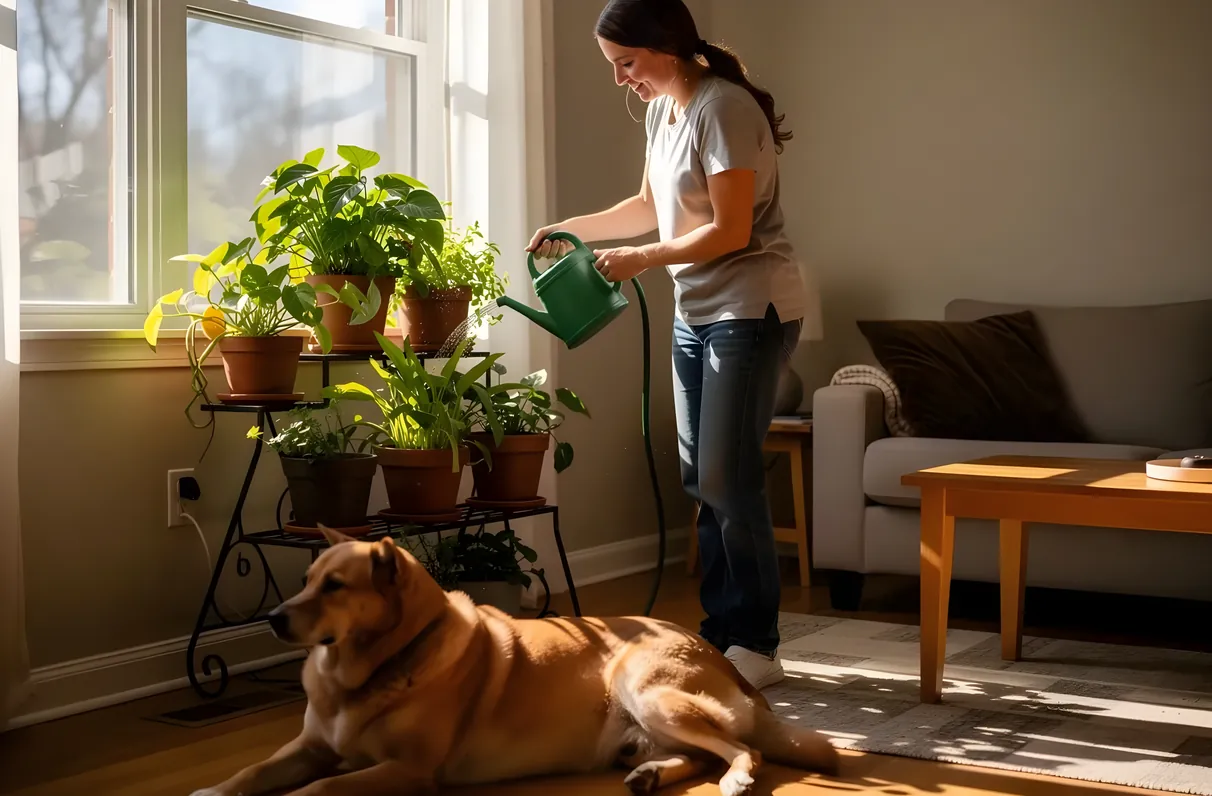Pet sitter tending to a home and dog while owners travel