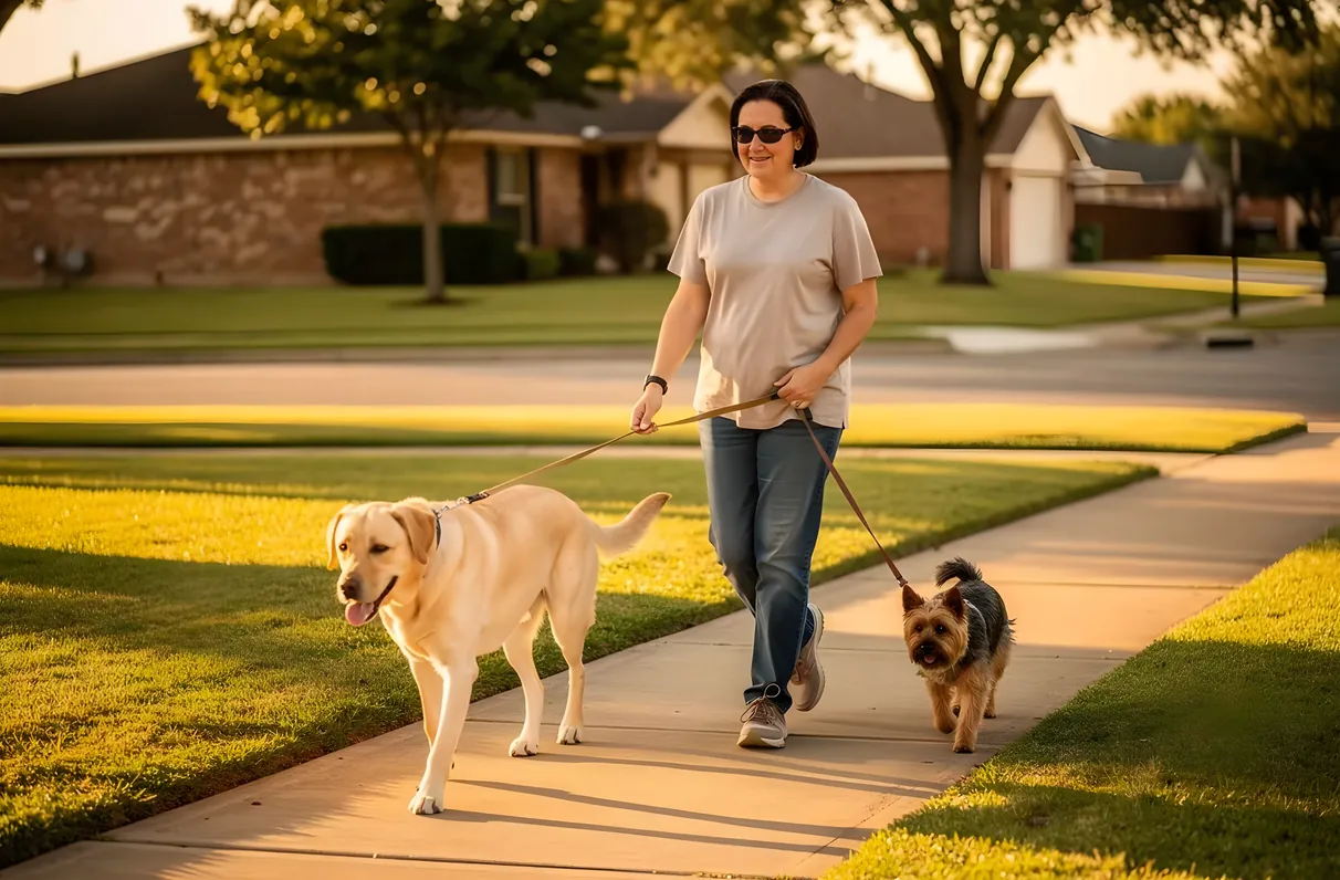 Professional dog walker leading three dogs along a shaded suburban trail in North Texas