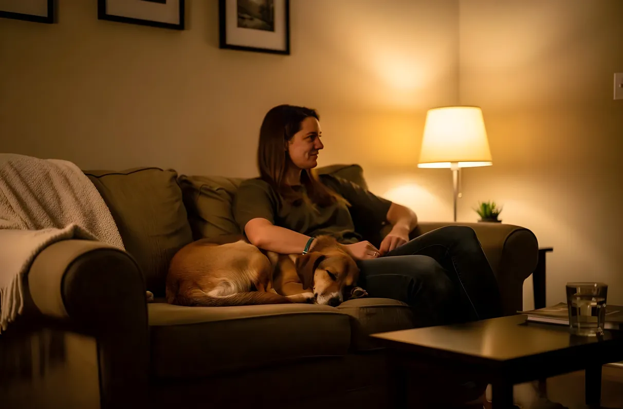 Dog settled on a couch in the evening during an overnight pet sitting stay