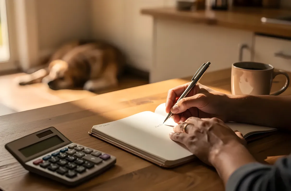 Pet owner reviewing dog walking service options and pricing at a kitchen table