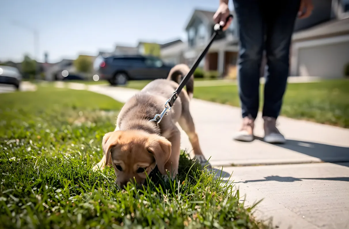 Young puppy on a short-leash walk through a North Texas neighborhood