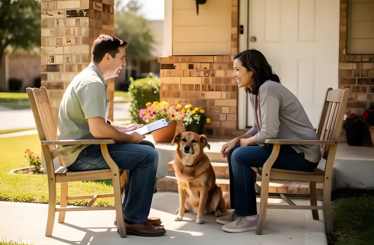Pet owner and dog walker meeting for a consultation before first walk