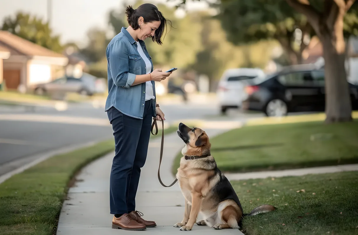 Celina, TX pet owner browsing dog walking resources on a phone