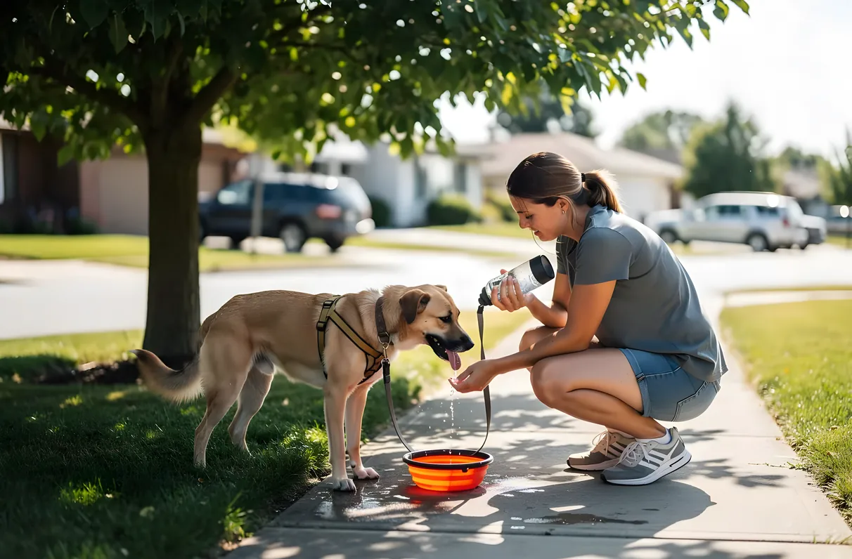 Dog owner checking a water bowl in the shade during a hot Texas afternoon walk in Celina, TX
