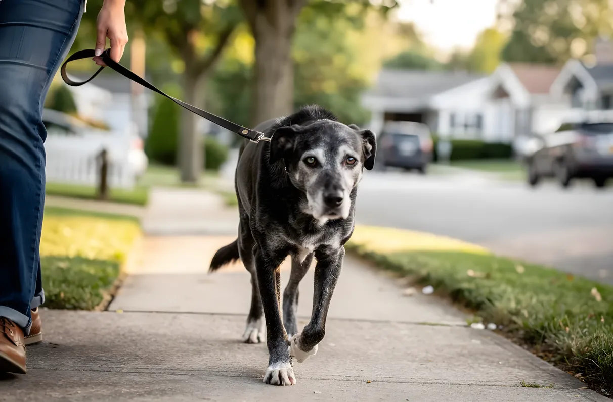 Older dog on a gentle morning walk in a quiet Celina neighborhood