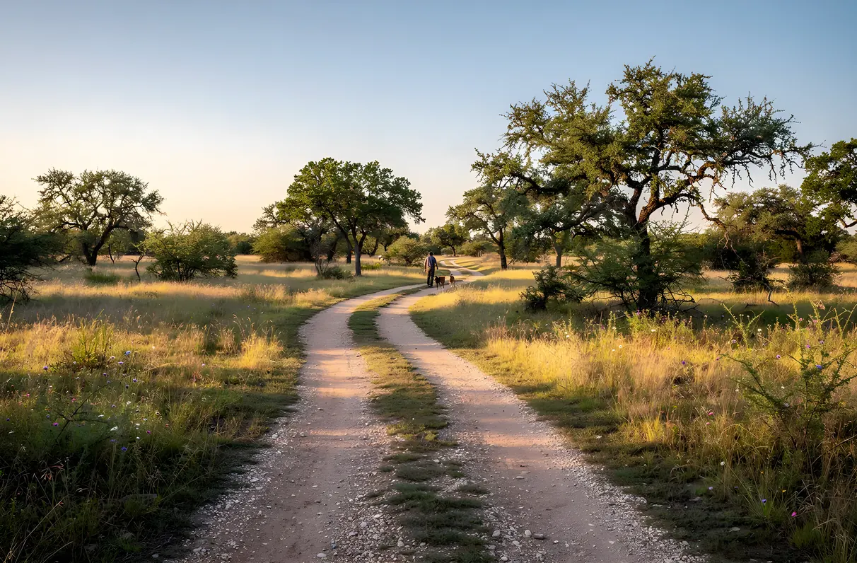 A walking trail through natural landscape at a Celina, TX nature park